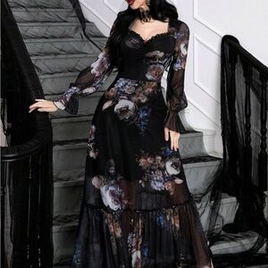 SHEIN Black Floral Mesh Maxi Goth Dress